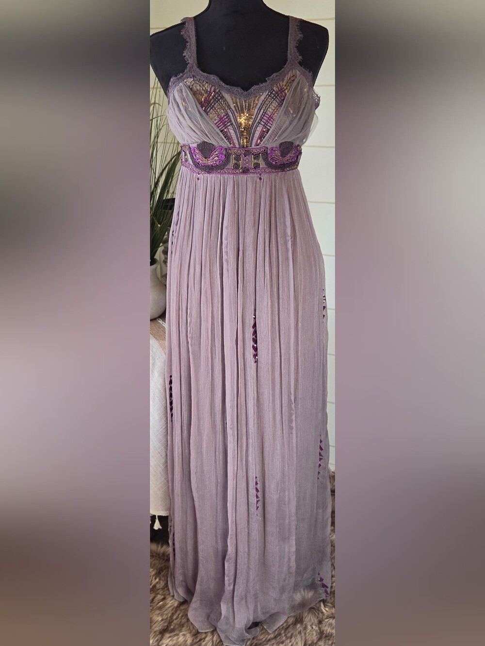Free People Artemis Goddess Embellished Maxi Gown Dress Purple Gray Collector